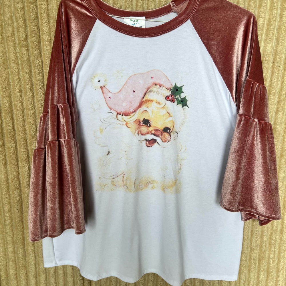 L&B Life White and Red Raglan Top for Christmas with velvet sleeves
